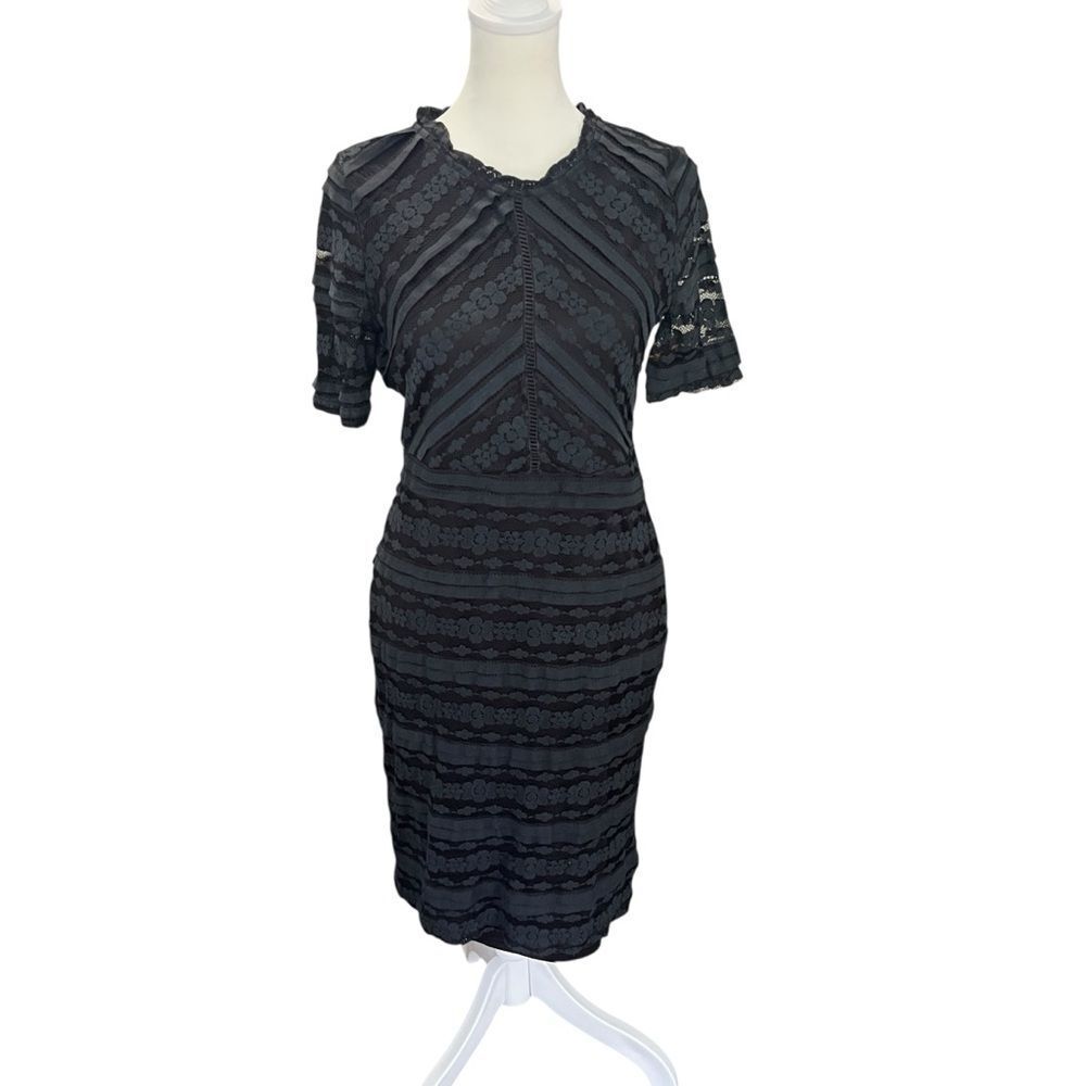 JessaKae Black Lace Sheath Midi Dress Short Sleeve Cocktail Wedding M - Picture 2 of 9